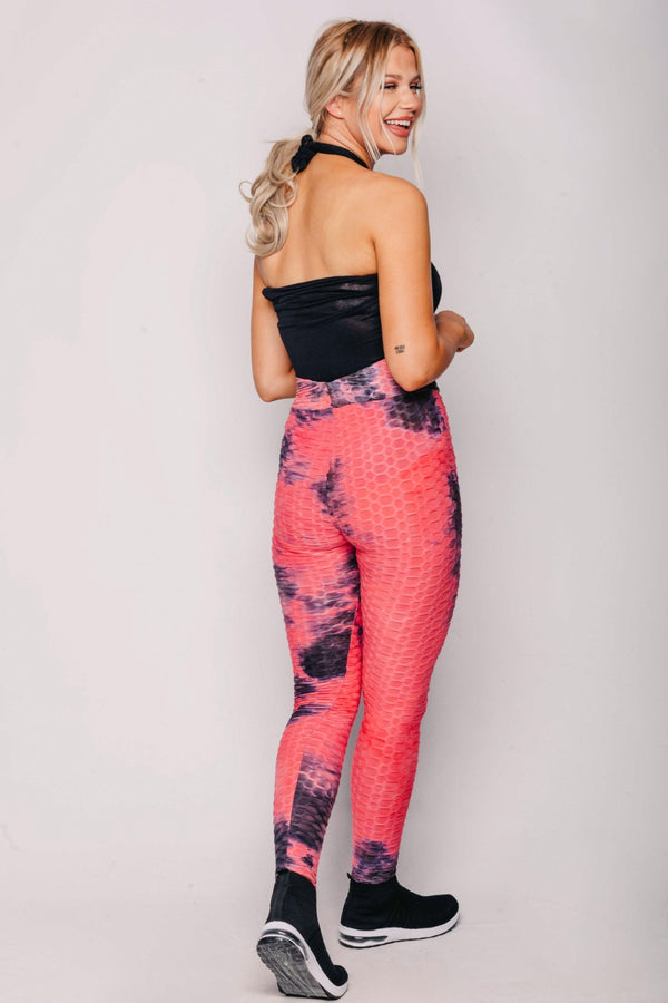 Pink Textured Tie Dye High Waist Gym Leggings