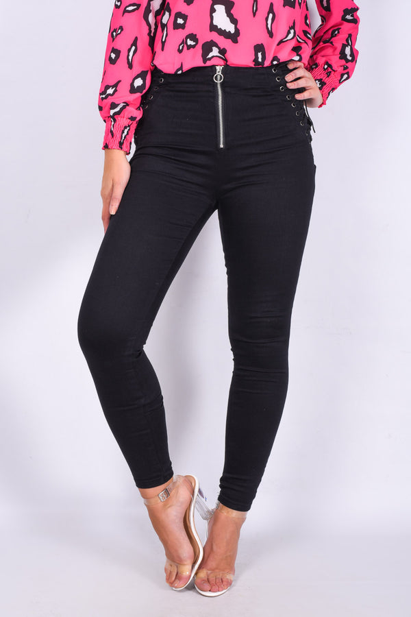 Black Denim Zip Front Lace Up Detail Skinny Jeans