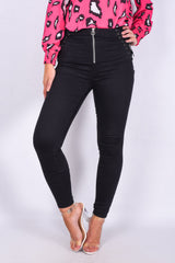 Black Denim Zip Front Lace Up Detail Skinny Jeans
