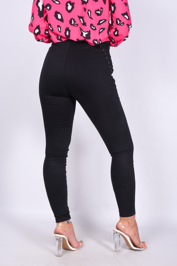 Black Denim Zip Front Lace Up Detail Skinny Jeans