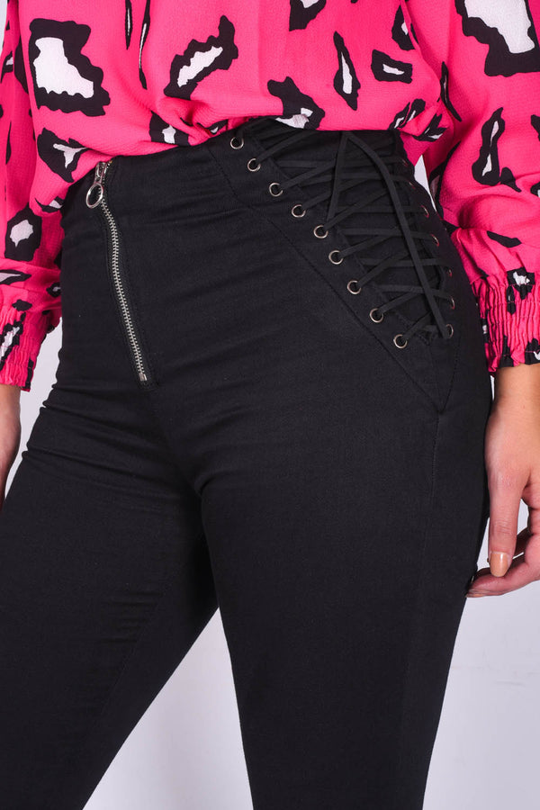 Black Denim Zip Front Lace Up Detail Skinny Jeans