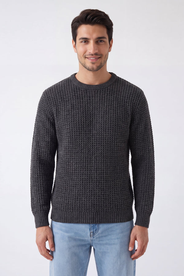 Men’s Charcoal & Black Waffle Knit Crew Neck Jumper - Hudson