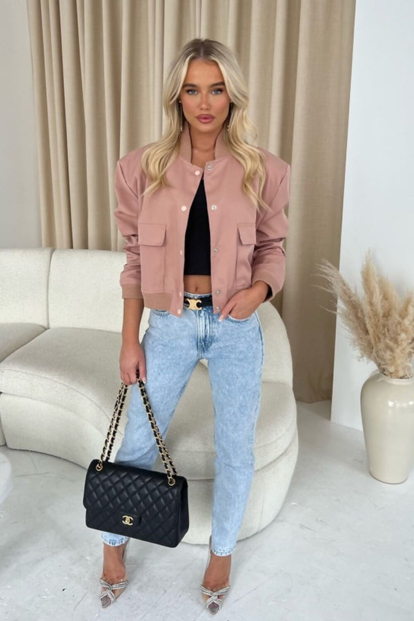 Pink Cropped Long Sleeve Bomber Jacket