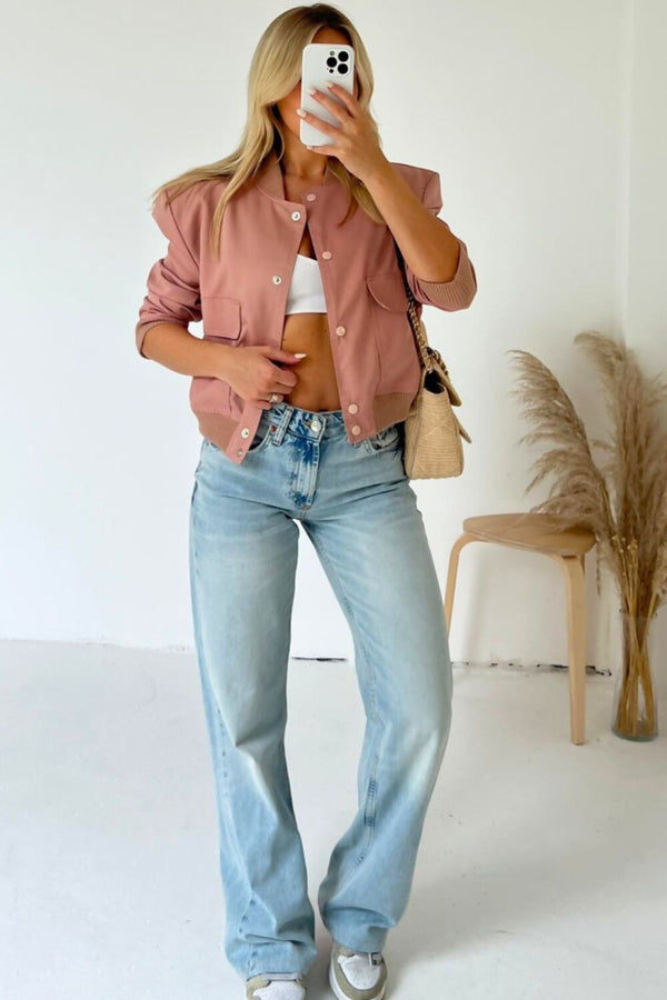 Pink Cropped Long Sleeve Bomber Jacket