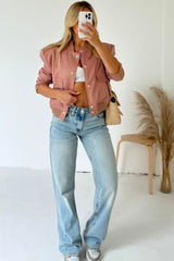 Pink Cropped Long Sleeve Bomber Jacket