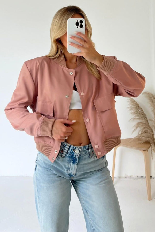 Pink Cropped Long Sleeve Bomber Jacket