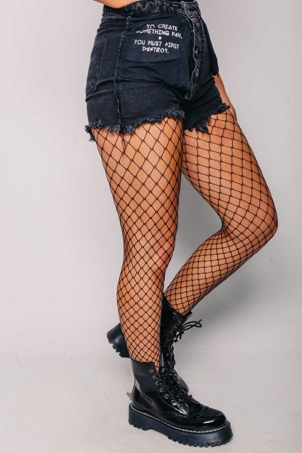 Washed Black Printed Frayed Denim Reversible Shorts