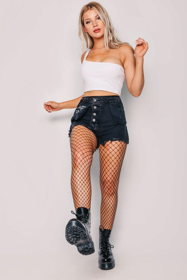 Washed Black Printed Frayed Denim Reversible Shorts