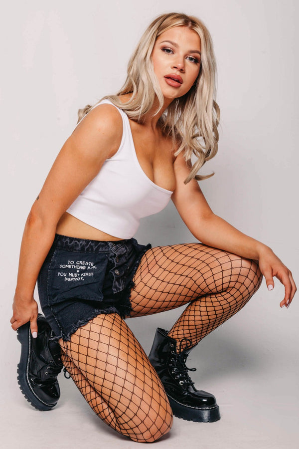 Washed Black Printed Frayed Denim Reversible Shorts