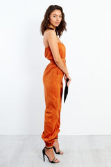 EJ026-2- Rust Flap Pocket Bardot Belted Jumpsuit