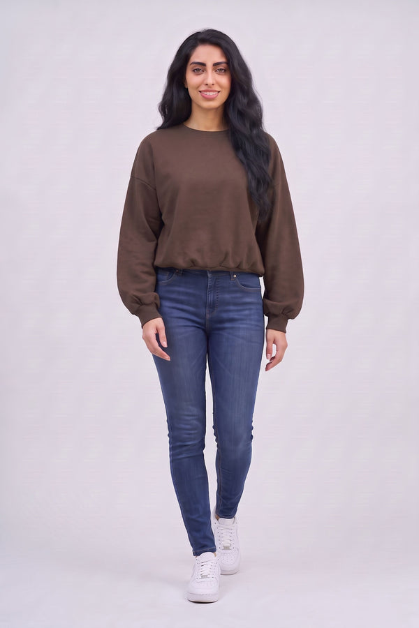 Chocolate Brown Oversized Relaxed-Fit Balloon-Sleeve Sweatshirt - Lily
