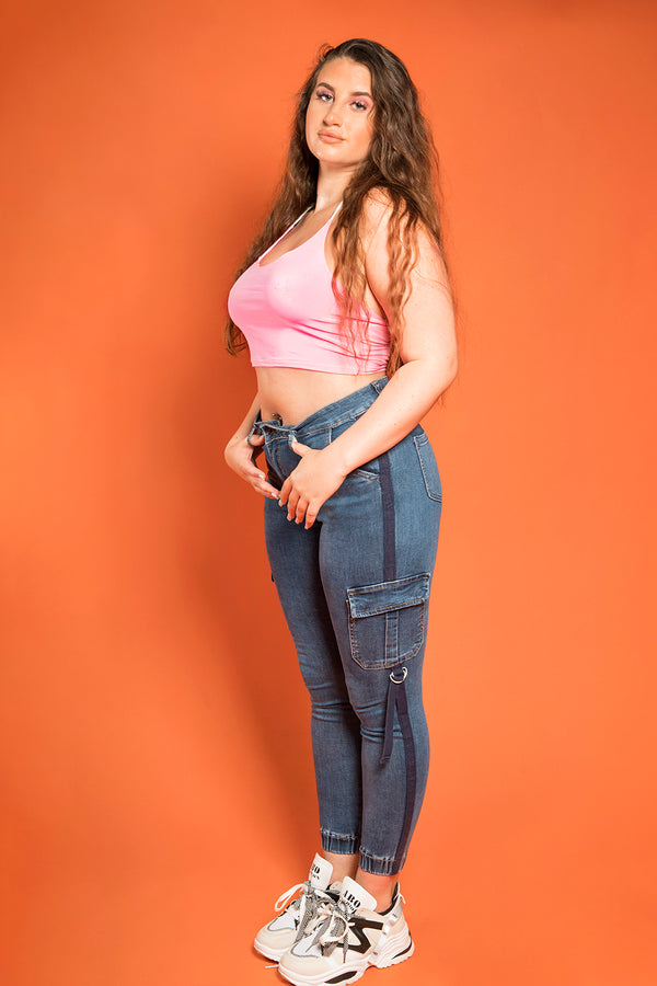 Bubblegum Pink Slinky Spaghetti Strap Halterneck Crop Top 