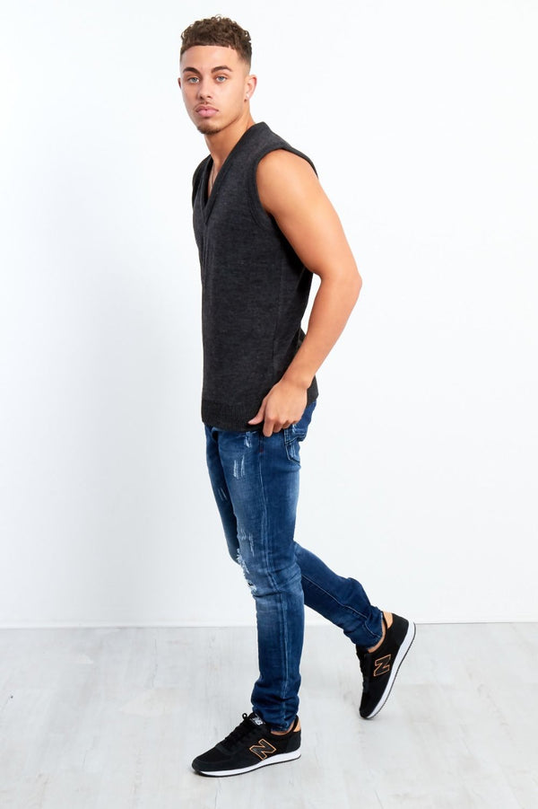Charcoal V-Neck Sleeveless Knitted Jumper