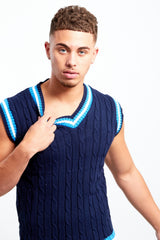Navy Sleeveless Cable Knitted V Neck Cricket Jumper