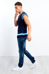 Navy Sleeveless Cable Knitted V Neck Cricket Jumper