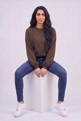Chocolate Brown Oversized Relaxed-Fit Balloon-Sleeve Sweatshirt - Lily