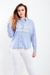 Blue Tassel Embellished Embroidered Stripe Blouse