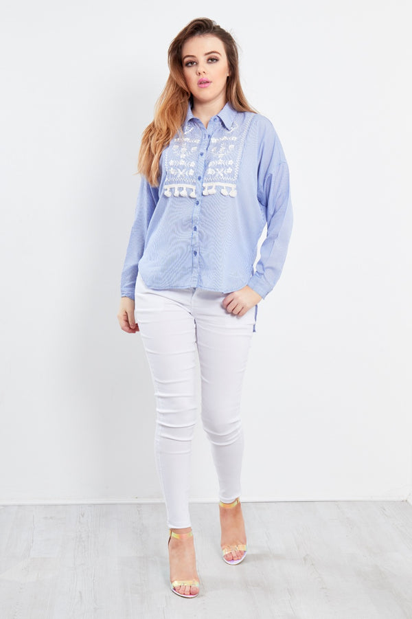 Blue Tassel Embellished Embroidered Stripe Blouse