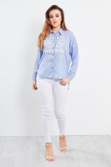 Blue Tassel Embellished Embroidered Stripe Blouse