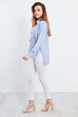 Blue Tassel Embellished Embroidered Stripe Blouse