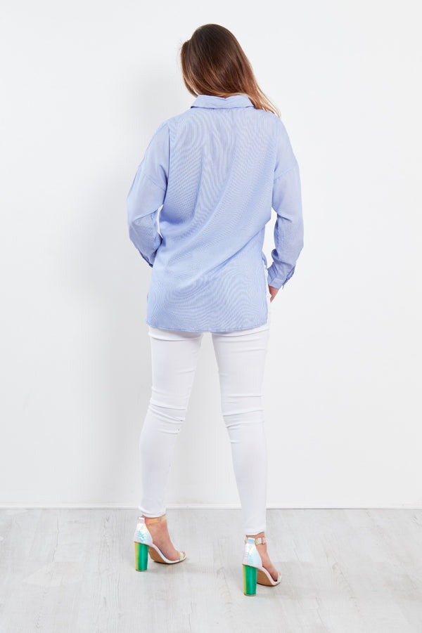 Blue Tassel Embellished Embroidered Stripe Blouse