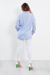 Blue Tassel Embellished Embroidered Stripe Blouse