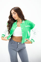 Green Cropped Contrast Sleeve Varsity Jacket