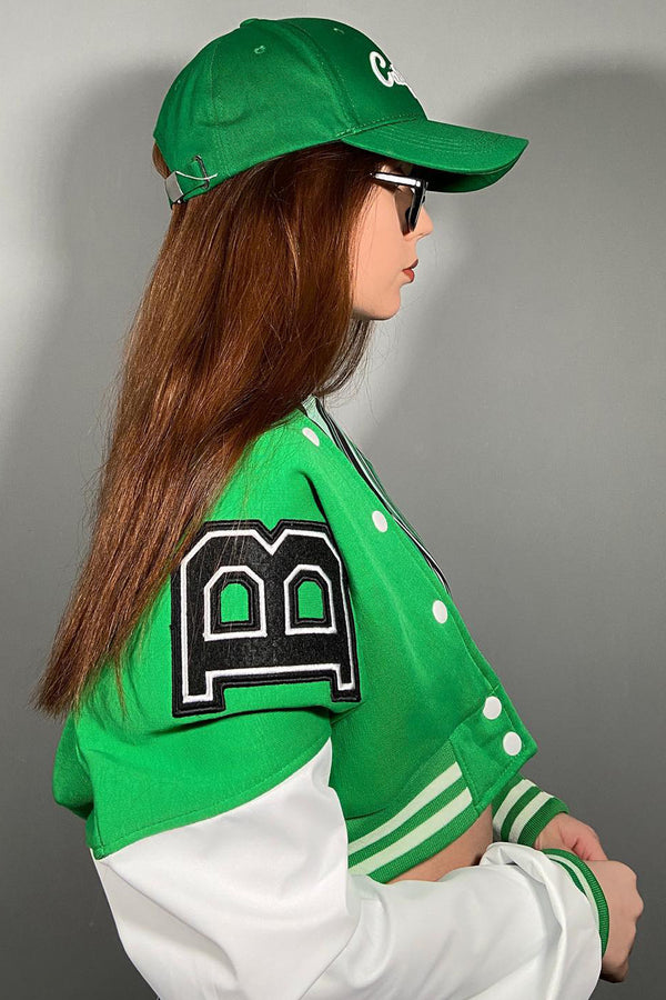 Green Cropped Contrast Sleeve Varsity Jacket