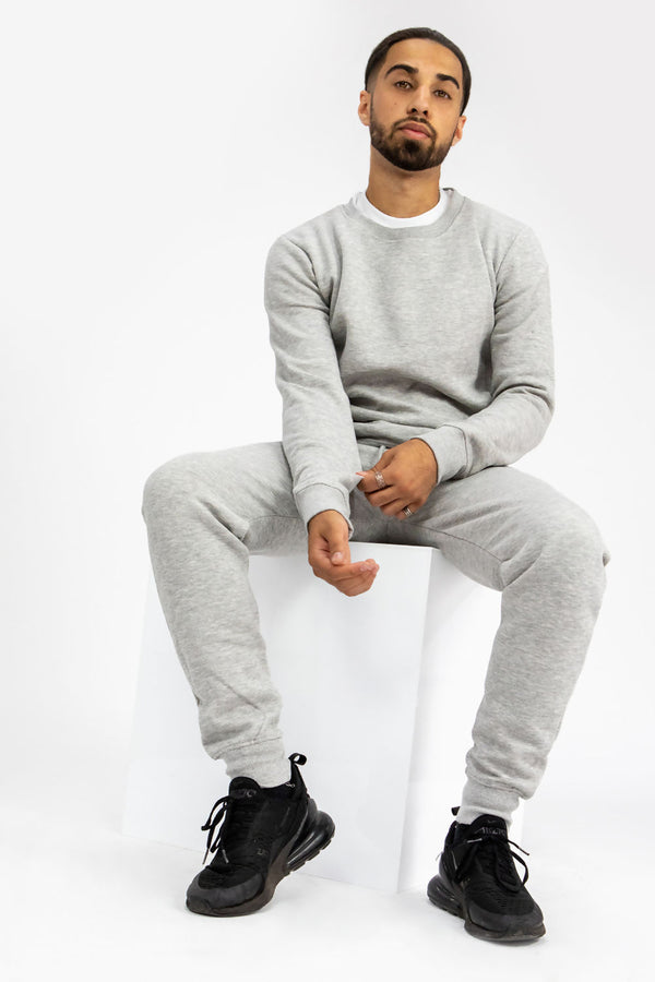 Grey Fleece Basic Crew Neck Tracksuit