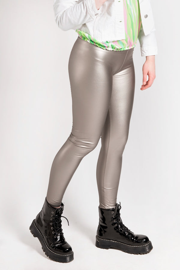 Grey Leather Look High Waist Leggings
