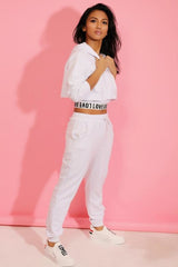 White Love Top Crop Hoodie And Joggers 3 Piece Set