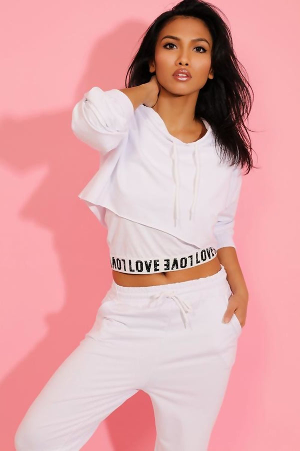 White Love Top Crop Hoodie And Joggers 3 Piece Set