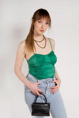 Green Satin Ruched Spaghetti Strap Bodysuit
