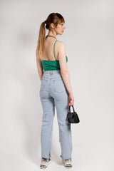 Green Satin Ruched Spaghetti Strap Bodysuit