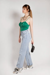 Green Satin Ruched Spaghetti Strap Bodysuit