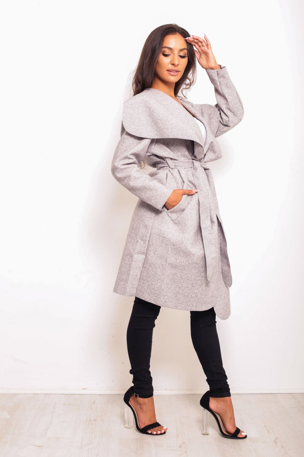 Grey Marl Belted Waterfall Duster Coat