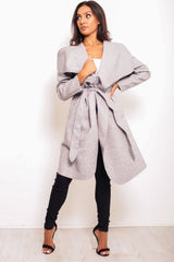 Grey Marl Belted Waterfall Duster Coat