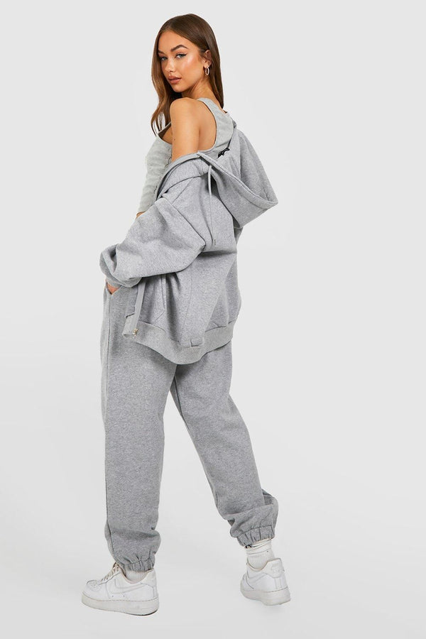 Grey Zip Up Hoodie With Cuffed Jogger Set