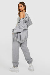 Grey Zip Up Hoodie With Cuffed Jogger Set