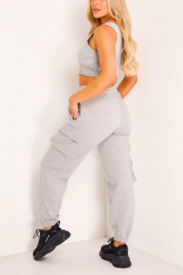 Grey Scoop Neck Crop Top and Cargo Jogger Set