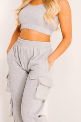 Grey Scoop Neck Crop Top and Cargo Jogger Set