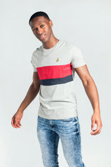 Mens Grey Panel Detail Bird Embroidered T-Shirt