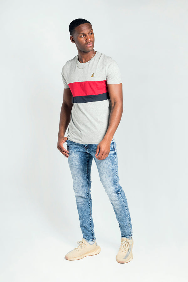 Mens Grey Panel Detail Bird Embroidered T-Shirt