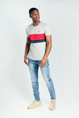 Mens Grey Panel Detail Bird Embroidered T-Shirt