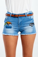 H002-Blue Bird Patch Fray Hem Denim Shorts