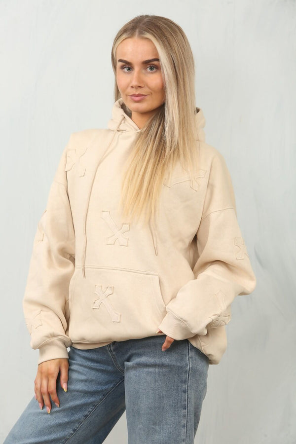 Beige Statement Oversized Hoodie with Cross Embroidery