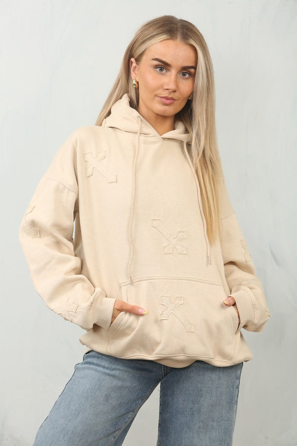 Beige Statement Oversized Hoodie with Cross Embroidery