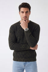 Mens Khaki & Black Waffle Knit Crew Neck Jumper - Hudson