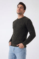 Mens Khaki & Black Waffle Knit Crew Neck Jumper - Hudson