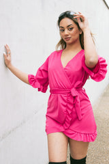 Hot Pink Frill Sleeve Wrap Mini Dress